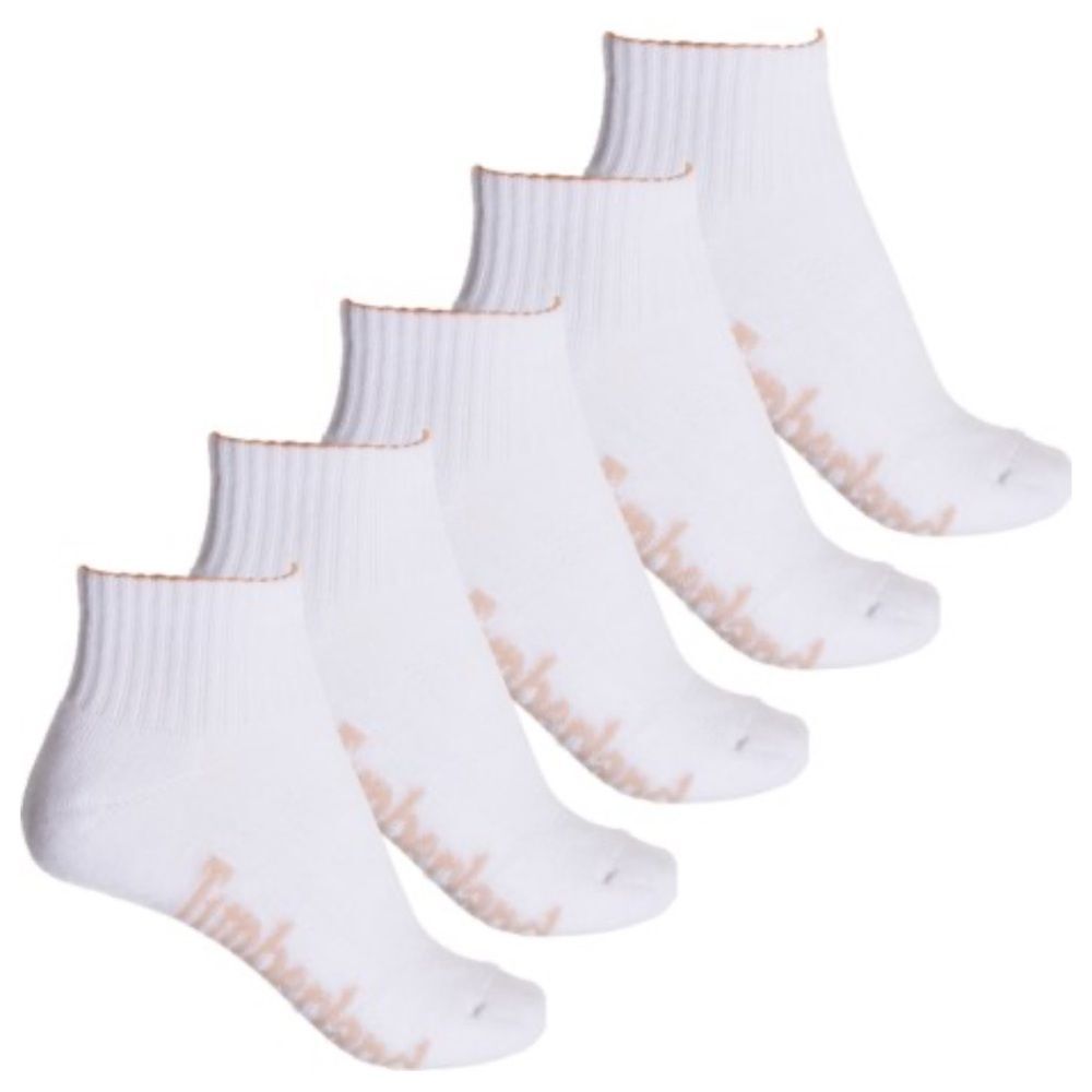 Timberland White Ivory Logo Aerated Half Cushioned Cotton Blend Socks 5 pack